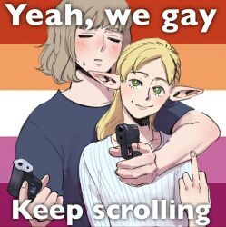  2girls aiming aiming_at_viewer blonde_hair blush bright_pupils closed_eyes closed_mouth commentary dungeon_meshi elf english_commentary english_text facing_viewer falin_touden flag_background green_eyes grey_shirt gun handgun holding holding_gun holding_weapon image_macro_(meme) koifee lesbian_flag long_hair looking_at_viewer marcille_donato meme middle_finger multiple_girls pointy_ears shirt short_sleeves small_sweatdrop smile t-shirt upper_body weapon white_pupils yeah_we_gay_keep_scrolling_(meme) yuri  rating:General score:6 user:danbooru