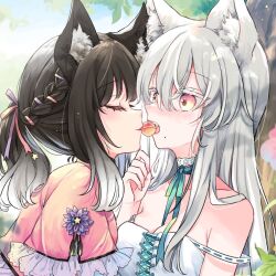  2girls animal_ear_fluff animal_ears between_breasts blue_ribbon braid breasts candy cleavage closed_eyes closed_mouth collarbone commentary_request day dress fang flower food frilled_sleeves frills grey_hair hair_between_eyes hair_ribbon holding holding_candy holding_food holding_lollipop lollipop long_hair medium_breasts mito_(go!go!king!) mole multiple_girls neck_ribbon open_mouth original outdoors pink_ribbon pink_shirt purple_flower red_eyes ribbon shared_food shirt short_sleeves sleeveless sleeveless_dress star_(symbol) strap_slip tree upper_body very_long_hair white_dress wolf_ears yuri 