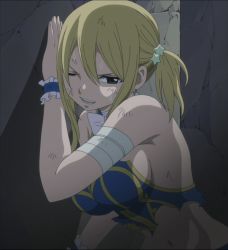  bandages blonde_hair breasts brown_eyes fairy_tail highres lucy_heartfilia no_bra screencap sideboob stitched third-party_edit torn_clothes  rating:Sensitive score:53 user:racerc2000