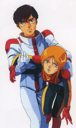  1980s_(style) 1boy 1girl angry blue_eyes boots brown_hair carrying carrying_person clenched_teeth gloves green_eyes gundam gundam_zz holding injury judau_ashta key_visual kitazume_hiroyuki looking_at_viewer magazine_scan neo_zeon official_art oldschool open_mouth pilot_suit promotional_art puru_two retro_artstyle scan science_fiction spacesuit spoilers teeth white_background 