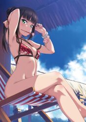  1girl armpits arms_up beach_chair bikini bikini_top_only black_hair blue_sky blunt_bangs bottomless bracelet cloud cloudy_sky criss-cross_halter crossed_legs day floral_print green_eyes hair_bun hair_ornament hair_stick halterneck highres inou_shin jewelry kurosawa_dia long_hair looking_at_viewer love_live! love_live!_school_idol_festival love_live!_sunshine!! mole mole_under_mouth mouth_hold multi-strapped_bikini navel nude_filter one_side_up outdoors poster_(medium) side_bun single_side_bun sitting sky solo straight_hair swimsuit third-party_edit  rating:Questionable score:42 user:divine_producer