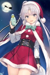 1girl akitsushima_(kancolle) blush bow cowboy_shot dress full_moon gift green_bow grey_hair hat highres holding holding_gift kantai_collection kotou_yogen long_hair long_sleeves looking_at_viewer moon night open_mouth pom_pom_(clothes) purple_eyes red_dress red_hat santa_costume santa_hat side_ponytail smile solo