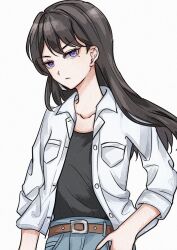  1girl bang_dream! bang_dream!_it&#039;s_mygo!!!!! black_shirt blue_skirt brown_hair chinese_commentary commentary_request denim denim_skirt hand_on_own_hip highres hmxyymyyc long_hair mole mole_under_eye open_clothes open_shirt purple_eyes shiina_taki shirt shirt_tucked_in simple_background skirt solo upper_body white_background white_shirt 