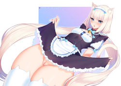 1girl animal_ear_legwear animal_ears apron bell blue_eyes bow bowtie cat_ear_legwear cat_ears cat_tail cleft_of_venus clothes_lift collar frilled_apron frills heart lifting_own_clothes long_hair neck_bell nekopara no_panties patreon_username puffy_short_sleeves puffy_sleeves pussy ribbon shirt_lift short_sleeves simple_background solo tail thick_thighs thighhighs thighs tofuubear twintails uncensored vanilla_(nekopara) very_long_hair white_thighhighs rating:Explicit score:105 user:danbooru
