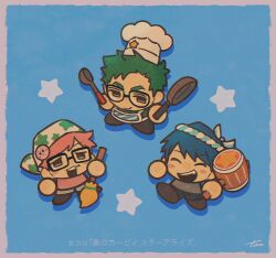  3boys ^_^ baseball_cap blush_stickers character_request chef chef_hat chibi closed_eyes drum dual_wielding frying_pan full_body glasses green_hair hachimaki hammer hat headband highres holding holding_frying_pan holding_hammer instrument kirby male_focus merchandise multiple_boys star_(symbol) starry_background taiko_drum thick_eyebrows tonta_(tonta1231) 