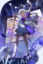  1girl absurdres aqua_eyes arm_up armpits bare_shoulders character_name detached_sleeves dress earrings falling_feathers feathers floating_hair full_body geye_guagua gloves hair_between_eyes halo head_wings high_heels highres holding holding_staff honkai:_star_rail honkai_(series) jewelry long_hair looking_ahead open_mouth purple_dress purple_footwear robin_(honkai:_star_rail) short_sleeves smile solo staff standing teeth two-tone_dress upper_teeth_only white_dress white_gloves white_wings wings 