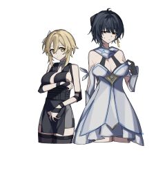  2girls absurdres bare_shoulders black_hair blonde_hair blush breasts cleavage colored_inner_hair cosplay costume_switch cropped_legs crossover dress eyeliner female_rover_(wuthering_waves) flower genshin_impact gloves grey_hair hair_between_eyes hair_flower hair_ornament height_difference highres jewelry lumine_(genshin_impact) lumine_(genshin_impact)_(cosplay) makeup medium_breasts multicolored_hair multiple_girls red_eyeliner rover_(wuthering_waves) short_hair_with_long_locks sidelocks two-tone_hair vixsi_art white_dress white_flower wuthering_waves yellow_eyes 