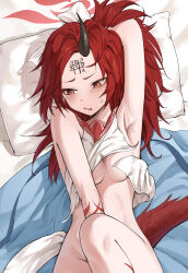  1girl arm_behind_head armpits bare_shoulders between_legs blue_archive blue_haori blush bottomless breasts clothes_lift embarrassed eyeshadow facepaint halo hand_between_legs haori highres hip_focus horns jacket japanese_clothes leg_up long_hair looking_down luya_(luyachan) lying makeup messy_hair on_back on_bed orange_eyes parted_lips ponytail red_eyes red_eyeshadow red_hair red_halo red_sailor_collar renge_(blue_archive) sailor_collar shirt shirt_lift sideless_shirt single_horn sleeveless sleeveless_shirt slit_pupils small_breasts solo tail tic-tac-toe underboob unworn_jacket wavy_mouth white_shirt 