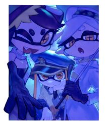  3girls :d :o agent_3_(splatoon) black_dress black_gloves black_hair blue_hat border bow-shaped_hair bra_strap callie_(splatoon) choker cloak closed_mouth coat commentary_request dress earrings fangs gloves grey_hair hand_on_own_cheek hand_on_own_face hat headphones highres holding holding_umbrella inkling jewelry long_hair looking_at_viewer marie_(splatoon) masshi military_hat mole mole_under_mouth multiple_girls nintendo one_eye_closed open_mouth orange_eyes outside_border outstretched_arm patchwork_clothes peaked_cap reaching reaching_towards_viewer short_hair sitting smile splatoon_(series) splatoon_3 squidbeak_splatoon star-shaped_pupils star_(symbol) strapless strapless_dress swept_bangs symbol-shaped_pupils tentacle_hair twintails umbrella white_border white_coat yellow_eyes 