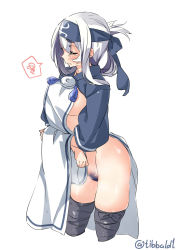 1girl black_thighhighs blush breasts closed_eyes closed_mouth cowboy_shot cropped_legs ebifurya facing_viewer female_pubic_hair folded_ponytail groin headband highres kamoi_(kancolle) kantai_collection medium_breasts no_bra no_panties pelvic_curtain profile pubic_hair pussy_juice side_slit simple_background solo spoken_squiggle squiggle tears thighhighs twitter_username white_background white_hair rating:Explicit score:21 user:danbooru