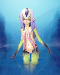  1girl ao_no_roku-gou blue_background blue_hair blush breasts colored_skin cowboy_shot flat_chest fog green_skin helmet lake long_hair looking_at_viewer monster_girl multicolored_skin mutio navel nipples nude pink_hair pointy_ears purple_hair pussy red_eyes shiny_skin small_breasts solo stomach wading water wet yellow_skin  rating:Explicit score:11 user:danbooru
