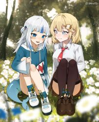  2girls absurdres black_thighhighs blonde_hair blue_eyes blue_flower blue_hair blue_hoodie blue_socks blurry blurry_background blurry_foreground blush breasts brown_footwear brown_skirt closed_mouth collared_shirt commentary cross-laced_footwear day english_commentary fins fish_tail flower forest gawr_gura gawr_gura_(1st_costume) grey_hair hair_ornament highres hololive hololive_english hood hoodie knees_up long_hair long_sleeves medium_breasts multicolored_hair multiple_girls mustache_print nature necktie open_mouth red_necktie shark_girl shark_hair_ornament shark_tail sharp_teeth shew_(shew03) shirt shoes short_hair short_necktie side-by-side sidelocks sitting skirt sneakers socks streaked_hair tail teeth thighhighs tree twitter_username upper_teeth_only virtual_youtuber watson_amelia watson_amelia_(1st_costume) white_flower white_footwear white_hood white_shirt wide_sleeves 