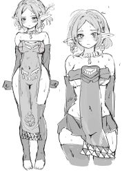 1girl alternate_costume blush bob_cut braid breasts cutout earrings gloves greyscale hatenokatasumi highres jewelry kneehighs medium_breasts monochrome navel necklace nintendo parted_bangs pelvic_curtain pointy_ears princess_zelda revealing_clothes secret_stone short_hair sketch skirt socks sweat the_legend_of_zelda the_legend_of_zelda:_tears_of_the_kingdom thigh_gap thighhighs toes underboob white_background wide_hips 