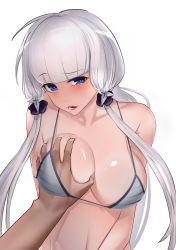  10s 1girl absurdres azur_lane bikini blunt_bangs blush breasts drooling grabbing grabbing_another&#039;s_breast hair_ornament has_bad_revision has_downscaled_revision highres illustrious_(azur_lane) kuro_saki large_breasts long_hair looking_at_viewer low_twintails md5_mismatch mole mole_under_eye open_mouth resolution_mismatch source_smaller strap_gap swimsuit twintails upper_body very_long_hair white_background white_hair  rating:Questionable score:18 user:danbooru