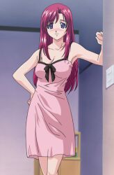  1girl blush dress highres kazami_mizuho leaning_to_the_side long_hair nightgown official_art onegai_teacher pink_dress red_hair solo suggestive 