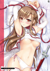  10s 1girl armpits arms_up asuna_(sao) blush breasts brown_eyes brown_hair cover cover_page long_hair looking_at_viewer lying navel on_back panties pillow ribbon shiny_skin side-tie_panties solo sousouman stomach sword sword_art_online thighhighs underboob underwear weapon white_panties white_thighhighs  rating:Questionable score:71 user:danbooru