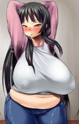 1girl akiyama_mio arms_behind_head belly black_hair blush breasts casual curvy denim covered_erect_nipples fat female_focus hime_cut huge_breasts jeans k-on! long_hair midriff muffin_top navel no_bra pants shirt smell solo sweat sweat_stain thick_thighs thighs very_long_hair wide_hips zion rating:Questionable score:145 user:thebatman