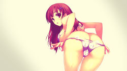  1girl ass bent_over bikini blush braid breasts butt_crack cum female_focus from_behind hair_ornament hairclip highres large_breasts long_hair looking_back open_mouth panties panty_pull red_eyes red_hair simple_background solo swimsuit tomose_shunsaku underboob underwear  rating:Explicit score:50 user:SDK777