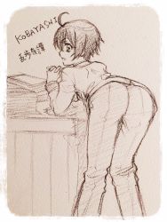 10s 1boy absurdres ahoge artist_request ass desk from_behind highres interlocked_fingers kobayashi_yoshio leaning leaning_forward looking_back male_focus monochrome open_mouth pants ranpo_kitan short_hair sketch smile solo tight_clothes tight_pants trap rating:Questionable score:24 user:armorcrystal