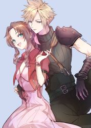  1boy 1girl 26caaan aerith_gainsborough armor belt belt_buckle black_belt black_gloves black_pants blonde_hair blue_background blush brown_hair buckle cloud_strife commentary cropped_jacket dress final_fantasy final_fantasy_vii forehead gloves green_eyes hand_on_another&#039;s_hip highres jacket looking_at_another looking_at_viewer open_mouth pants parted_bangs pauldrons pink_dress red_jacket ribbed_sweater short_sleeves shoulder_armor sidelocks simple_background single_pauldron sitting smile spiked_hair sweater turtleneck turtleneck_sweater twitter_username 