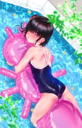  1girl :o ariduka_anto black_hair blurry blurry_foreground bob_cut hair_ornament hair_ribbon inflatable_raft leaf looking_at_viewer hugging_object one-piece_swimsuit pool ribbon solo swimsuit virtual_ant_channel virtual_youtuber xxzero 