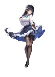  1girl absurdres black_footwear black_hair breasts frills full_body highres large_breasts long_hair long_sleeves looking_at_viewer maid_headdress mole pantyhose skirt solo standing  rating:Sensitive score:9 user:cumel