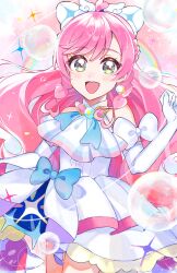  1girl ascot blue_bow bow braid brooch bubble cowboy_shot cure_prism dress dress_bow elbow_gloves french_braid gloves green_eyes hair_bow highres higuluma hirogaru_sky!_precure jewelry layered_dress long_hair looking_at_viewer magical_girl nijigaoka_mashiro open_mouth pink_hair precure short_dress side_braids sleeveless sleeveless_dress smile solo standing very_long_hair white_ascot white_bow white_dress white_gloves wing_brooch 