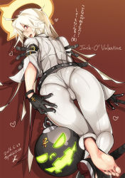 1girl ass back barefoot spiked_halo feet female_focus gloves guilty_gear guilty_gear_xrd halo hand_on_own_ass highres jack-o&#039;_valentine red_eyes rib:y(uhki) shoes single_shoe soles solo toes white_hair rating:Sensitive score:87 user:danbooru