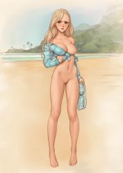  1girl 3756289 absurdres barefoot beach blonde_hair blue_eyes blue_shirt blue_shorts blush bottomless breasts buttons cleft_of_venus collarbone day denim denim_shorts front-tie_top full_body highres i0525 long_hair long_sleeves looking_at_viewer medium_breasts mountain nipples no_bra nose_blush off_shoulder one_breast_out open_fly open_mouth original outdoors plaid plaid_shirt pussy sand shirt shore short_shorts shorts unworn_shorts sketch solo standing summer unbuttoned uncensored unzipped  rating:Explicit score:256 user:danbooru