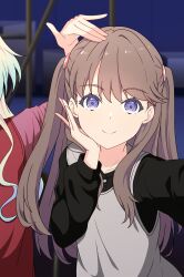  2girls absurdres black_shirt blonde_hair blue_hair blurry blurry_background brown_hair closed_mouth collarbone commentary fujishima_megumi gradient_hair grey_vest hand_on_another&#039;s_head hand_on_own_cheek hand_on_own_face highres hoenn_(jgm1102) light_blue_hair link!_like!_love_live! long_hair long_sleeves looking_at_viewer love_live! multicolored_hair multiple_girls osawa_rurino out_of_frame pink_shirt purple_eyes shirt smile solo_focus split_mouth two_side_up upper_body vest virtual_youtuber 