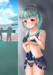  1girl 2boys absurdres ahoge aqua_skirt battle_girl_high_school black_panties black_pants black_skirt black_suit blunt_bangs blush bow breasts cameltoe cheerleader clothes_lift cloud collarbone crop_top crowd embarrassed eyebrows_hidden_by_hair faceless faceless_male female_focus flashing formal green_hair groin hair_bow hiding highres ikatako0312 legs_together lifted_by_self looking_at_viewer medium_breasts medium_hair multicolored_clothes multicolored_shirt multicolored_skirt multiple_boys necktie no_bra nose_blush outdoors panties pants pleated_skirt polka_dot polka_dot_panties ponytail public_indecency red_bow red_eyes sadone shiny_skin shirt shirt_lift sidelocks skirt skirt_lift sky sleeveless sleeveless_shirt solo_focus standing stomach string_panties suit thighs track_and_field underboob underwear 