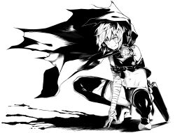  1girl absurdres bandaged_arm bandages breasts cloak cropped_vest facial_scar fate/apocrypha fate/grand_order fate_(series) greyscale hair_between_eyes highres jack_the_ripper_(fate/apocrypha) monochrome navel orochi_itto panties scar scar_across_eye scar_on_cheek scar_on_face short_hair shoulder_tattoo small_breasts smile solo squatting tattoo thighhighs underwear vest  rating:Sensitive score:32 user:danbooru