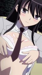 1girl animated animated_gif black_hair blouse blush bouncing_breasts bra bra_lift breasts flashing kenzen_robo_daimidaler large_breasts nipples open_clothes open_mouth open_shirt shirt sonan_kyouko underwear undressing rating:Questionable score:129 user:pointeníoslúbeochan
