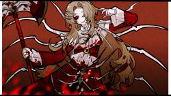  1girl aislan axe black_sclera bone brown_hair coat collared_shirt colored_sclera hair_ornament hairpin highres holding holding_axe limbus_company long_hair long_sleeves project_moon red_eyes red_nails ringed_eyes rodion_(project_moon) shirt simple_background solo very_long_hair 