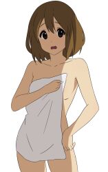 1girl brown_eyes brown_hair collarbone covering_privates cowboy_shot hair_between_eyes highres hirasawa_yui k-on! looking_at_viewer naked_towel no_hair_ornament no_hairclip nude_cover open_mouth short_hair simple_background solo standing towel tsuranukko white_background rating:Questionable score:72 user:danbooru