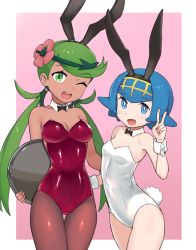  2girls ;d absurdres alternate_costume animal_ears blue_eyes blue_hair blush breasts bright_pupils commentary_request creatures_(company) dark-skinned_female dark_skin detached_collar eyelashes fake_animal_ears flower game_freak green_eyes green_hair hair_flower hair_ornament hairband hand_up highres holding holding_tray lana_(pokemon) leotard long_hair looking_at_viewer mallow_(pokemon) multiple_girls nintendo one_eye_closed open_mouth pantyhose pink_flower playboy_bunny pokemon pokemon_sm rabbit_ears rabbit_tail red_leotard smile squid_neetommy swept_bangs tail thighs tongue tray twintails v white_leotard white_pupils wrist_cuffs yellow_hairband  rating:Sensitive score:91 user:danbooru