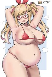  1girl @_@ amogan armpits arms_behind_head big_belly bikini blonde_hair blush breasts burger fang fat glasses hair_ornament hair_ribbon highres huge_breasts mjk1988114&#039;s_character mole multicolored_hair original outside_border pink_hair red-framed_eyewear red_bikini red_eyes ribbon solo standing streaked_hair swimsuit twintails wavy_mouth weight_gain  rating:Questionable score:51 user:Odrum2
