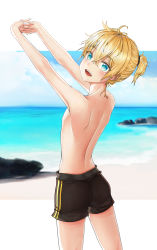  1boy absurdres beach blonde_hair hairband highres kagamine_len male_focus ocean open_mouth ponytail swimsuit topless_male vocaloid  rating:Questionable score:12 user:AsheFanboy