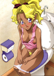  1girl artist_request blonde_hair blue_eyes blush breasts cleavage dark-skinned_female dark_skin downblouse embarrassed female_pubic_hair from_above groin highres kuramitsu_mihoshi large_breasts nipples no_bra open_mouth panties panty_pull pointy_ears pubic_hair purple_eyes pussy sitting solo tank_top tenchi_muyou! toilet toilet_paper toilet_use uncensored underwear white_panties  rating:Explicit score:84 user:danbooru