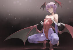  1girl akira_(coffee_curry) bare_shoulders black_background closed_mouth commentary_request covered_navel demon_girl demon_wings flat_chest gradient_background head_wings highres leotard lilith_aensland looking_at_viewer pantyhose purple_hair purple_pantyhose red_eyes red_footwear red_leotard red_wings short_hair solo squatting vampire_(game) wings 