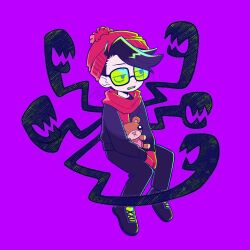  1boy beanie black_hair clenched_teeth full_body glasses green_eyes hat invisible_chair male_focus mittens nergal_junior purple_background red_scarf scarf sharp_teeth sitting solo stuffed_animal stuffed_toy teddy_bear teeth tentacles the_grim_adventures_of_billy_&amp;_mandy tsunoji 