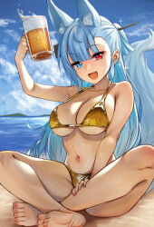  1girl absurdres alcohol animal_ears beach beer bikini blue_sky breasts cat_ears heterochromia highres sky smile solo swimsuit tange_kotoe tenneko_yuuri voicevox 