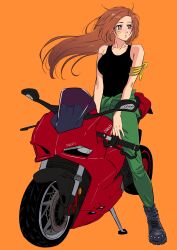  1girl absurdres alternate_costume bandaid bandaid_on_face bandana bandana_around_arm black_footwear black_tank_top bleach boots breasts brown_eyes brown_hair clothes_around_waist commentary ducati floating_hair green_jumpsuit highres inoue_orihime jumpsuit large_breasts long_hair looking_to_the_side medium_breasts motor_vehicle motorcycle on_motorcycle orange_background symbol-only_commentary tank_top wind yellow_bandana yshjsw 