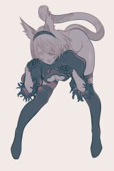  1girl 2b_(nier:automata) animal_ears black_gloves black_hairband black_shirt black_thighhighs breasts cat_ears cat_girl cat_tail cleavage colored_eyelashes commentary eules full_body gloves greyscale hair_between_eyes hairband highres leaning_forward leotard long_sleeves looking_at_viewer medium_breasts monochrome nier:automata nier_(series) open_mouth paw_pose puffy_long_sleeves puffy_sleeves shirt short_hair simple_background solo tail thighhighs white_background white_eyes white_hair white_leotard 