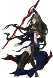 1girl back_tattoo backless_outfit bare_shoulders black_hair castlevania_(series) castlevania:_order_of_ecclesia floating_hair kojima_ayami konami long_hair shanoa solo sword tattoo thighhighs very_long_hair weapon