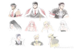  5boys 5girls absurdres bandana_around_arm bara beard black_hair character_request cropped_torso dungeon_and_fighter facial_hair full_beard headband highres kulolin large_pectorals long_hair looking_at_viewer male_focus male_priest_(dungeon_and_fighter) male_priest_(kulolin) mature_male multiple_boys multiple_girls muscular muscular_male pectorals pink_hair saint_(dungeon_and_fighter) short_hair smile thick_beard thick_eyebrows 