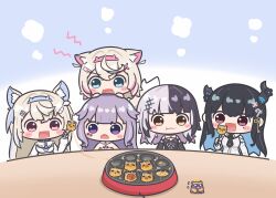  5girls absurdres animal_ears asymmetrical_horns bandaid bandaid_hair_ornament bare_shoulders black_hair blonde_hair blue_eyes blue_hair blunt_bangs blush_stickers chopsticks demon_horns dog_ears dog_girl dog_tail eating fang fangs food fuwawa_abyssgard fuwawa_abyssgard_(1st_costume) hair_ornament hairband hairclip highres holoadvent hololive hololive_english horns jewel_under_eye koseki_bijou koseki_bijou_(1st_costume) long_hair mococo_abyssgard mococo_abyssgard_(1st_costume) mole mole_under_eye mpien multicolored_hair multiple_girls nerissa_ravencroft nerissa_ravencroft_(1st_costume) o_o open_mouth orange_eyes pink_eyes pink_hair purple_eyes purple_hair red_eyes shiori_novella shiori_novella_(1st_costume) siblings sisters skin_fangs smile streaked_hair tail takodachi_(ninomae_ina&#039;nis) takoyaki twins virtual_youtuber white_hair 