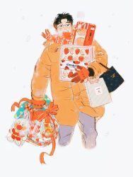  1boy bag basket breath brown_eyes brown_hair chengongzi123 coat commentary cropped_legs food fruit gift glasses gloves hand_up highres holding holding_gift jacket kogure_kiminobu long_sleeves looking_at_viewer male_focus orange_gloves orange_scarf rimless_eyewear round_eyewear scarf short_hair simple_background slam_dunk_(series) snow solo strawberry stuffed_toy symbol-only_commentary very_short_hair white_background winter yellow_coat 