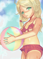  1girl artist_request ball blonde_hair child fat_mons flat_chest green_eyes solo sweat swimsuit tagme tan tanline  rating:Sensitive score:6 user:little_pussies_running_riot