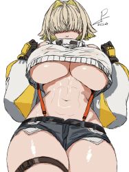  2024 abs ahoge black_gloves blonde_hair breasts clothing_cutout crop_top crop_top_overhang cropped_sweater elegg_(nikke) exposed_pocket gloves goddess_of_victory:_nikke grey_shorts hair_intakes hair_over_eyes highres large_breasts long_bangs long_sleeves micro_shorts multicolored_clothes multicolored_gloves multicolored_hair navel short_hair shorts shoulder_cutout signature suspender_shorts suspenders thigh_strap thighs two-tone_hair underboob yellow_gloves yurimo19958683 
